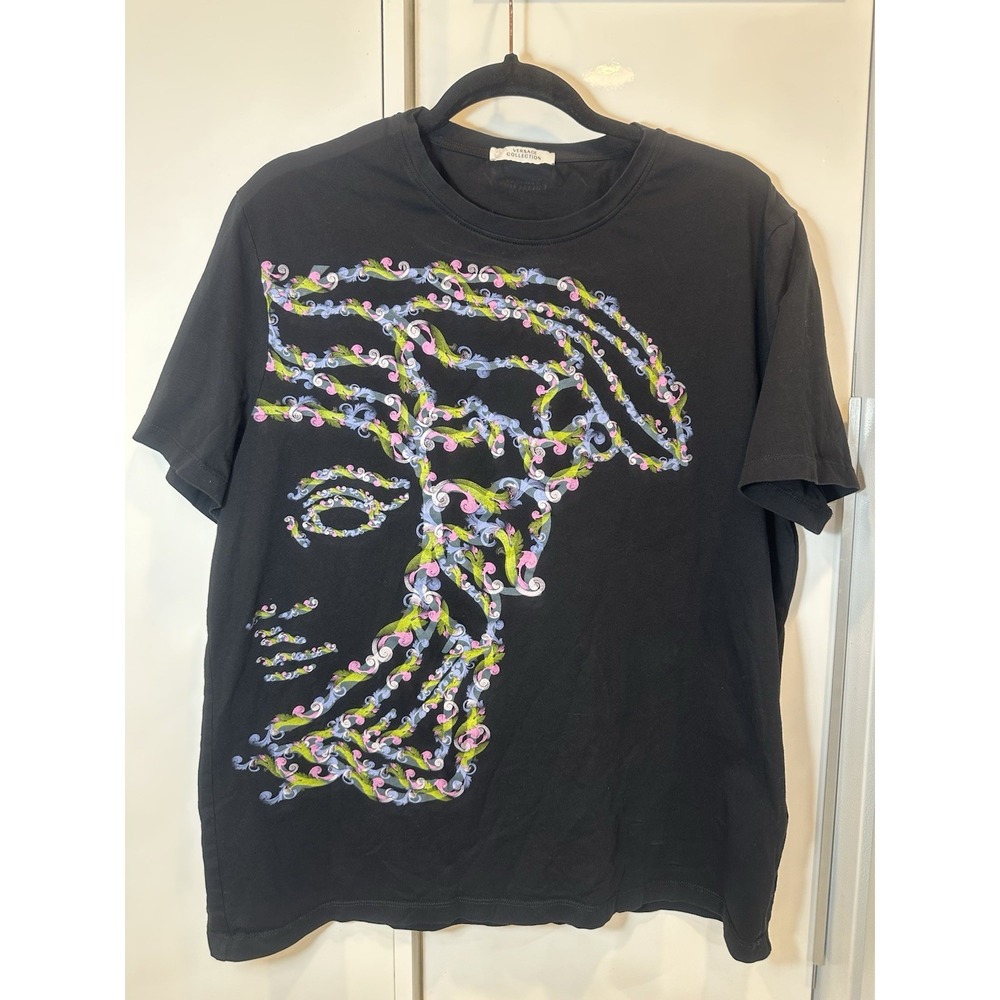 VERSACE Collection Men Black Graphic Print Crew Neck Short Sleeve Original Sz XL